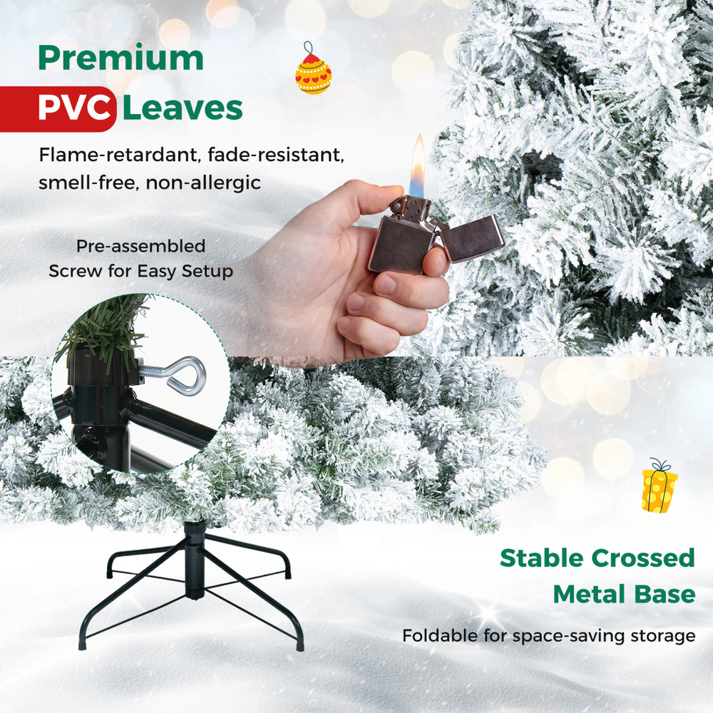 Artificial snow-flocked Christmas tree with 600 branch tips, foldable metal base, and flame-retardant PVC leaves for indoor use.