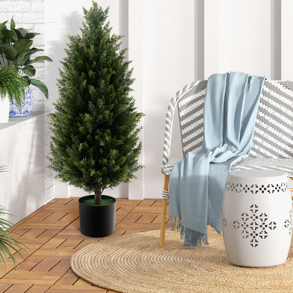 3 feet artificial topiary cedar tree in a cement plastic pot, featuring vibrant faux moss for easy indoor decor.