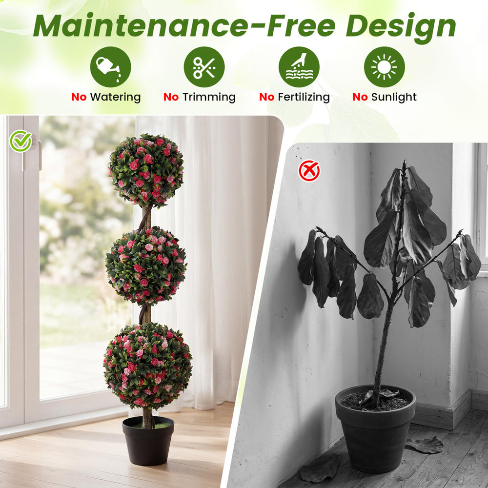 Artificial triple ball rose topiary tree with lifelike blooms in a cement-filled pot for indoor or outdoor decoration.