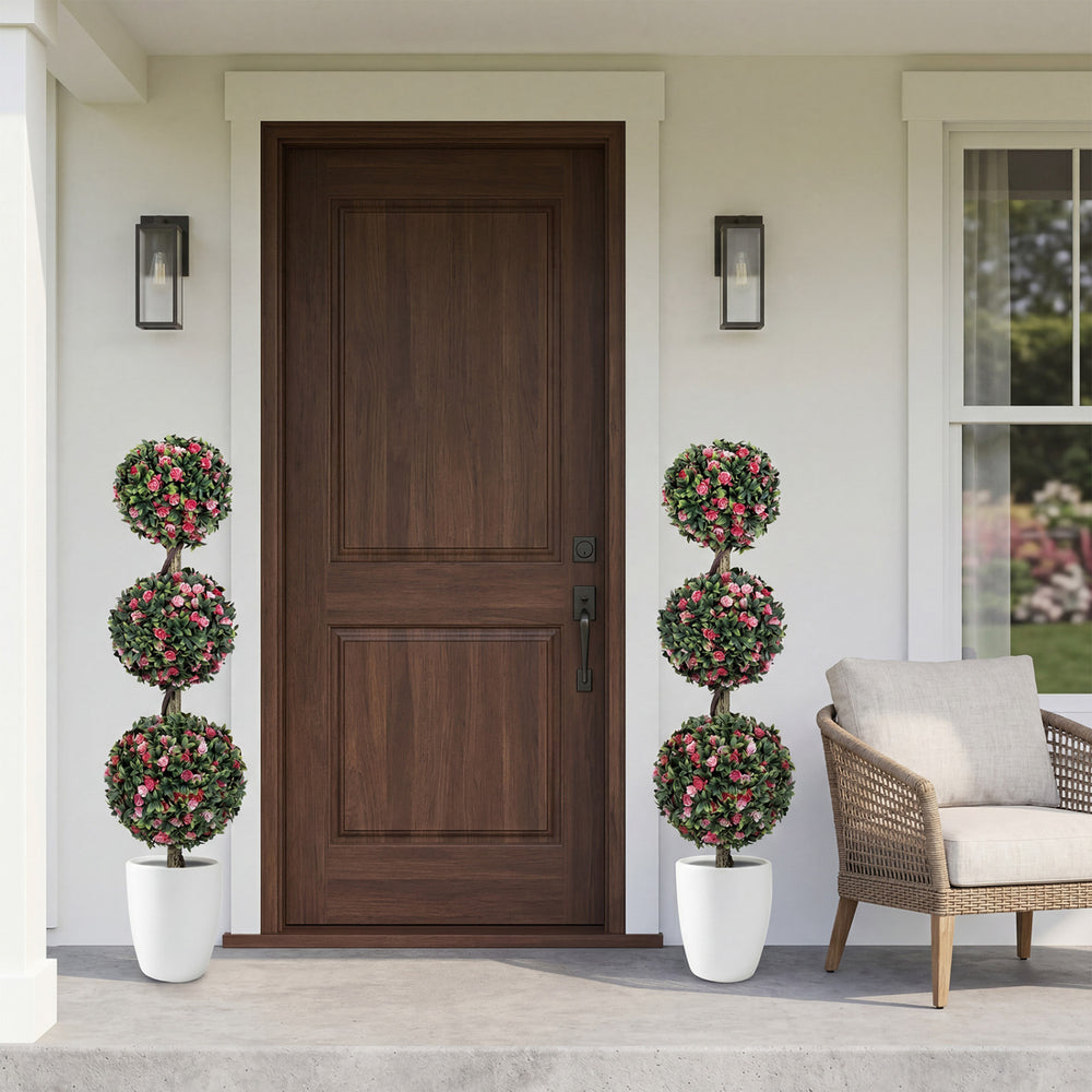 Artificial triple ball rose topiary tree in a cement-filled pot, perfect for porch or patio decoration with vibrant.