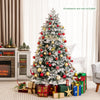 Flocked 6 ft Christmas tree with warm white LED lights, featuring lush branch tips and a stable metal stand for festive.