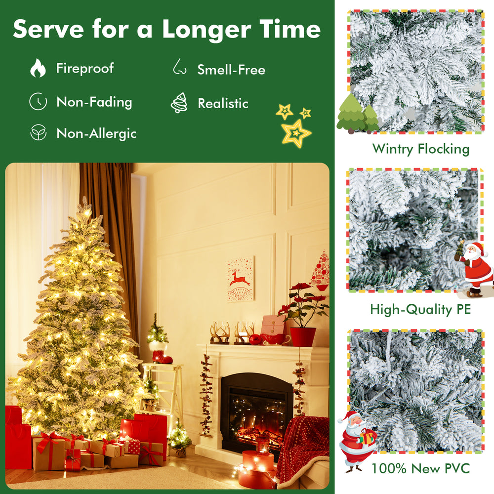 6-foot flocked Christmas tree with warm white LED lights, featuring realistic branches and a stable metal stand for.