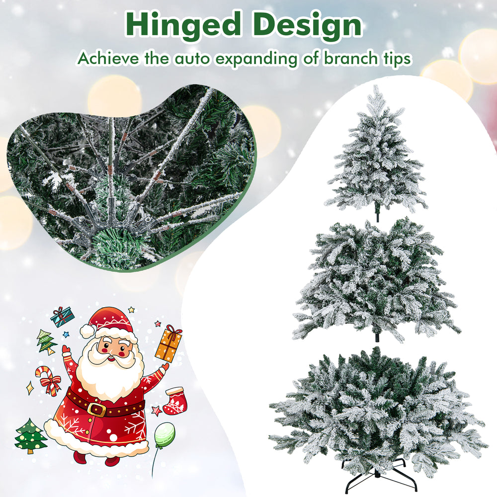 6-foot flocked Christmas tree with warm white LED lights, featuring a hinged design for easy setup and realistic branch.