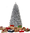 Silver artificial Xmas tree with 385 branch tips and warm white LED lights, perfect for festive holiday decorations.