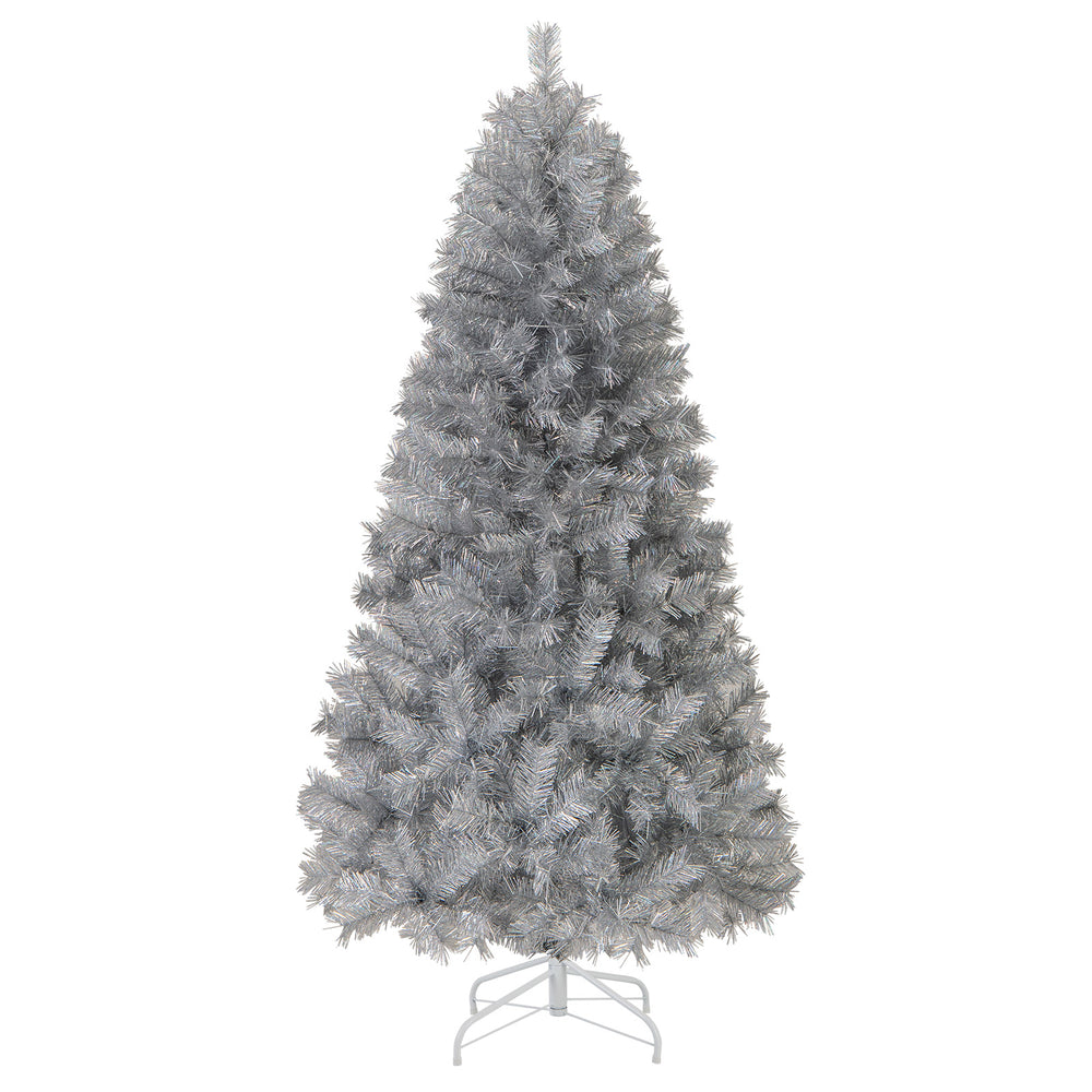 Silver artificial Christmas tree with 385 branch tips and warm white LED lights, perfect for festive decoration.