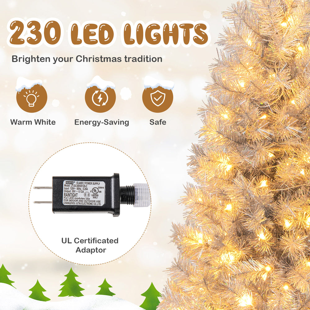 Artificial 6FT Xmas tree with 230 warm white LED lights and lush branch tips, perfect for festive decorations.