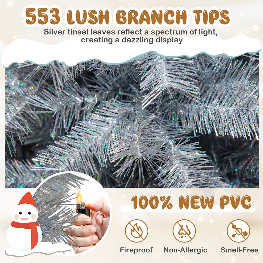 Close-up of silver tinsel branch tips on a 6FT artificial Xmas tree, showcasing vibrant color and fireproof PVC.