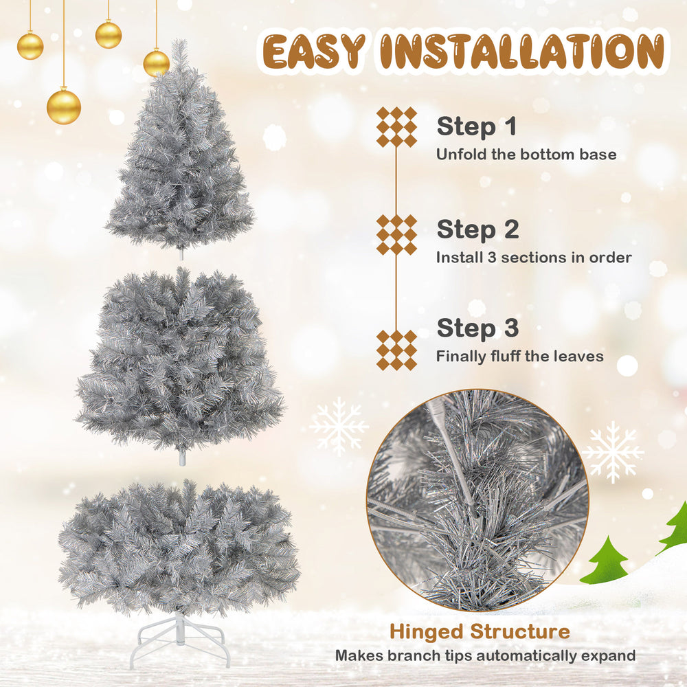 6FT artificial Xmas tree with silver tinsel leaves, 400 LED lights, and hinged structure for easy installation in.
