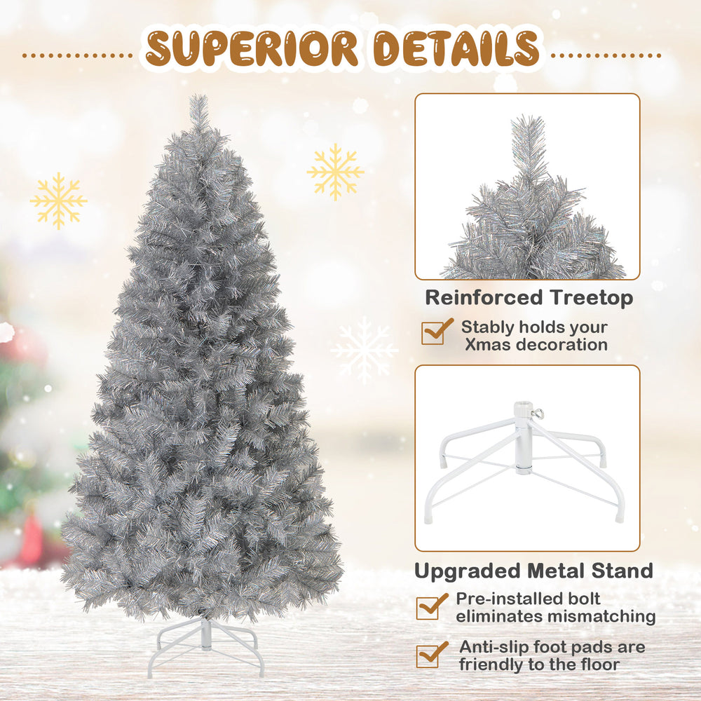 6FT artificial Xmas tree with silver tinsel leaves, 385 branch tips, and warm white LED lights for festive decoration.