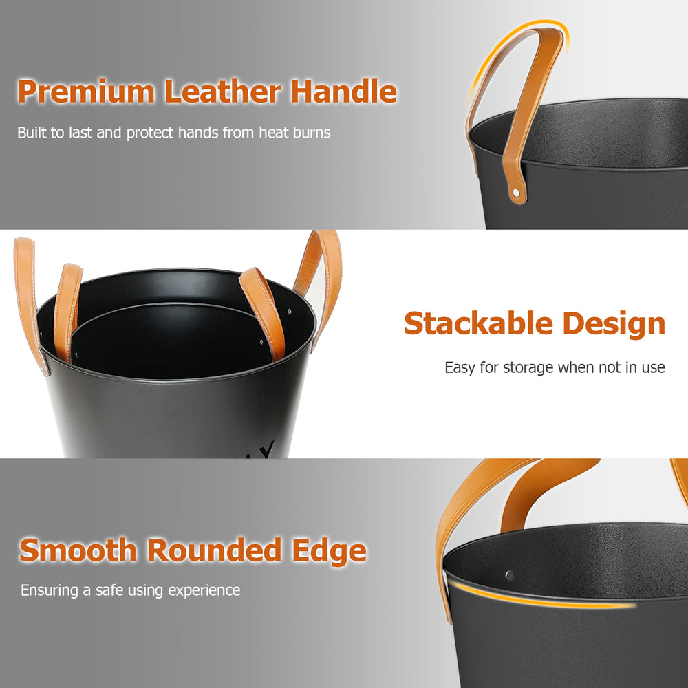 Close-up of the ash bucket's premium leather handle, showcasing its stackable design and smooth rounded edge for safety.