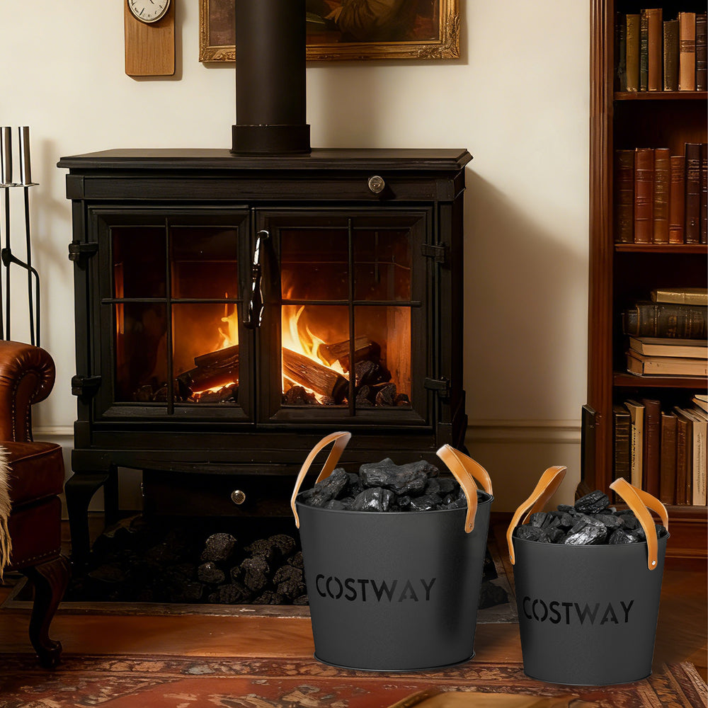 Set of 2 metal ash buckets with leather handles, ideal for storing ash and coals by the fireplace or fire pit.