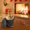 Black ash bucket with lid and cut-resistant gloves, perfect for transporting logs and ash by the fireplace.