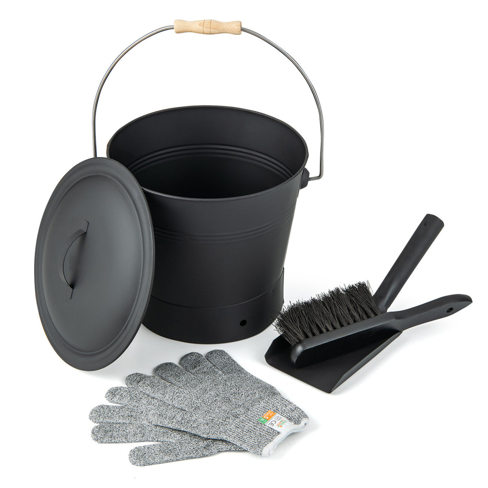 Black ash bucket with lid, brush, ash shovel, and cut-resistant gloves for safe transport and storage of ash and debris.