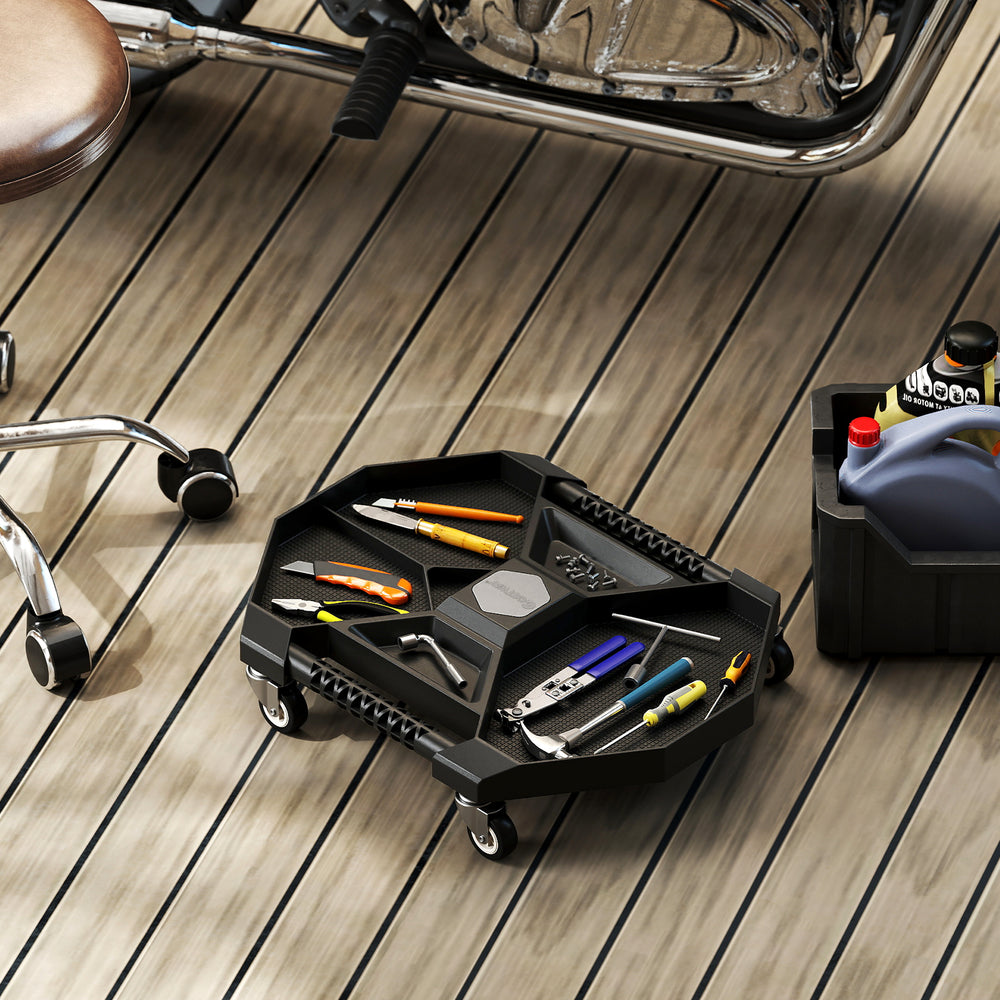 Automotive rolling tool creeper in black with 4 swivel casters, featuring efficient storage compartments for tools.