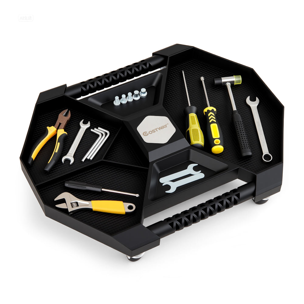 Automotive rolling tool creeper in black with 4 compartments, swivel casters, and anti-slip handles for easy mobility.