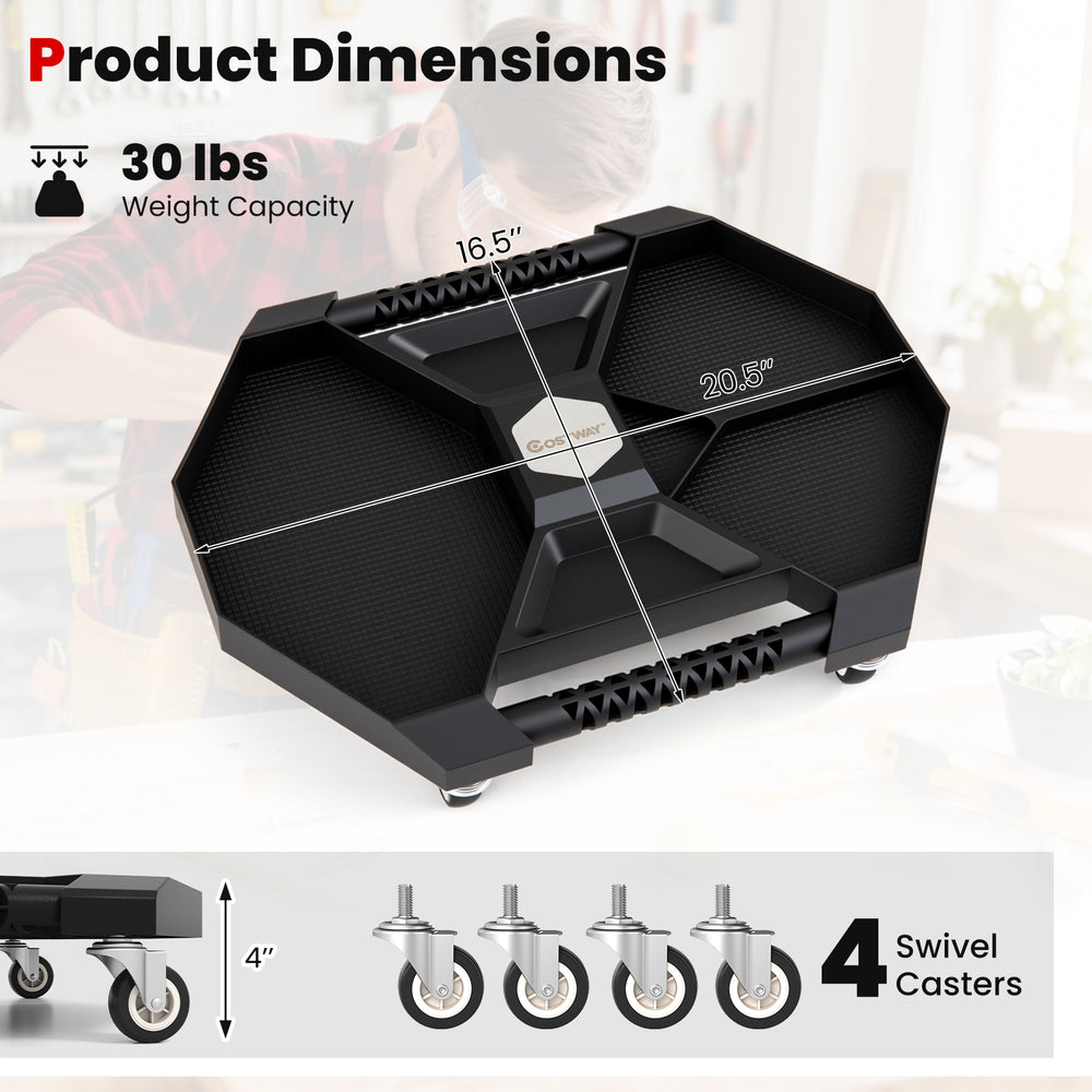 Automotive rolling tool creeper dimensions showing 4 swivel casters, 30 lbs capacity, and durable black polypropylene.