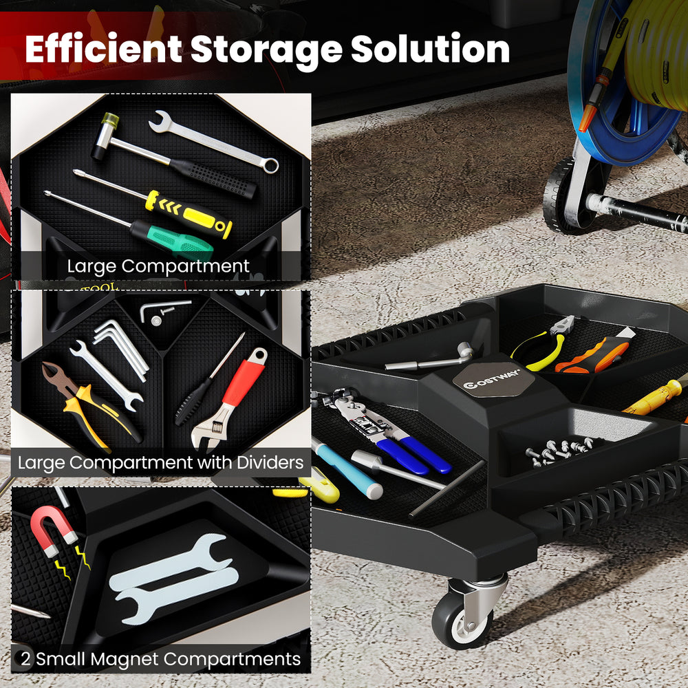 Automotive rolling tool creeper with large and small compartments for efficient storage, ideal for garages and.