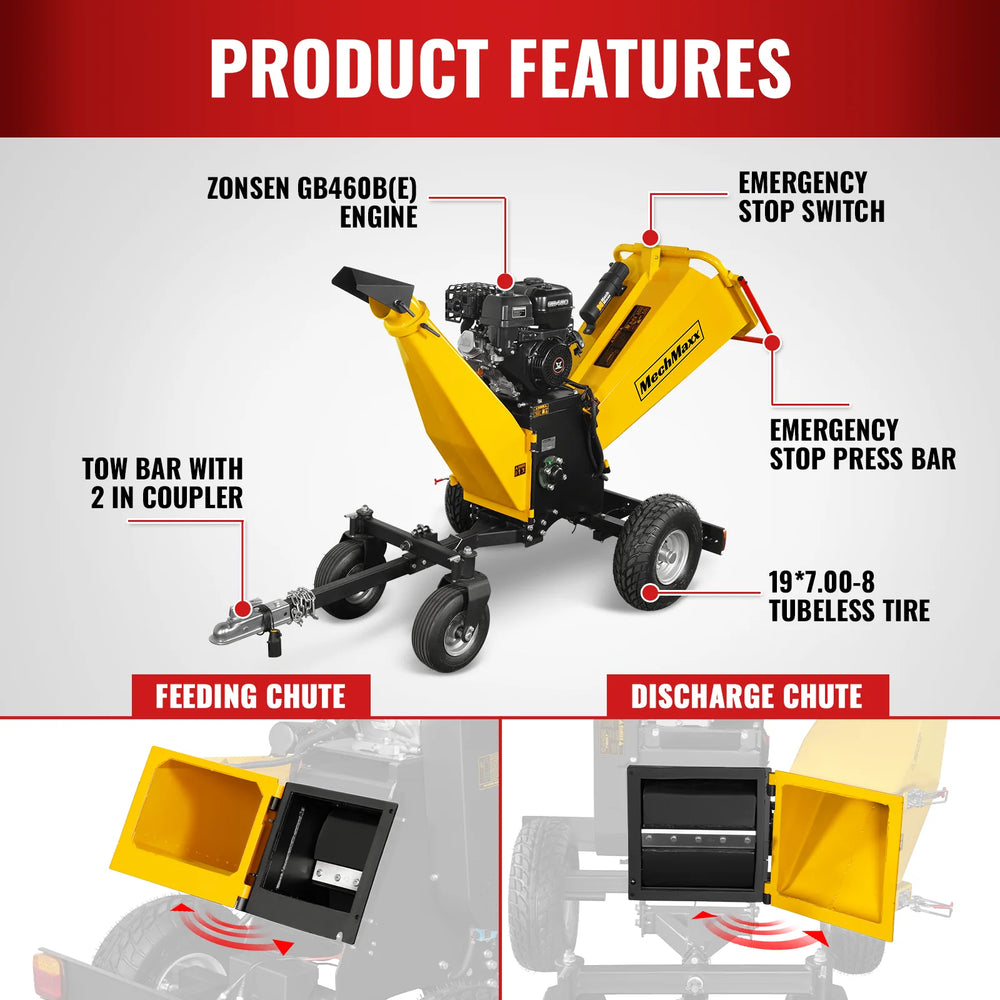 6 inch E-start Zonsen 420cc 13.4hp Gas Powered 4 - Wheel Drum Wood Chipper with Taillight ,  B150