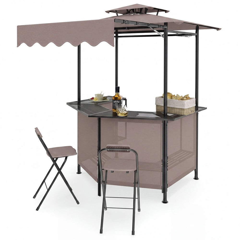 BBQ gazebo canopy in brown features 4 slatted metal shelves, 6 hooks, and a double top roof for enhanced airflow.