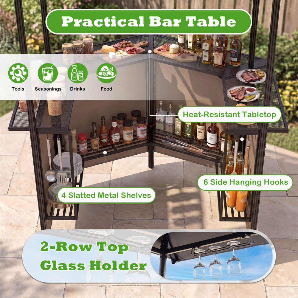 Practical BBQ gazebo canopy features a heat-resistant tabletop, 4 slatted metal shelves, and 6 hanging hooks for outdoor cooking.