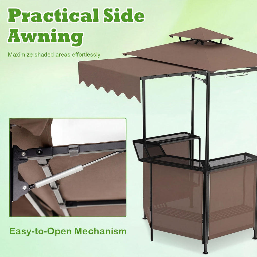 Practical side awning with easy-to-open mechanism on a BBQ gazebo canopy for adjustable shade and enhanced airflow.
