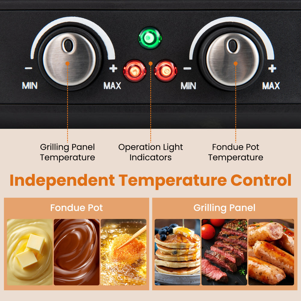 Independent temperature controls for the fondue pot and grilling panel on the BBQ grill with fondue pot set.