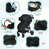 Lightweight black infant stroller featuring a 5-point harness, adjustable backrest, and large storage basket for baby.