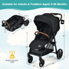 Lightweight black infant stroller with 5-point harness, adjustable backrest, and detachable foot cover for safety and.