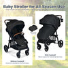 Lightweight black baby stroller with detachable foot cover, adjustable backrest, and 5-point safety harness for.