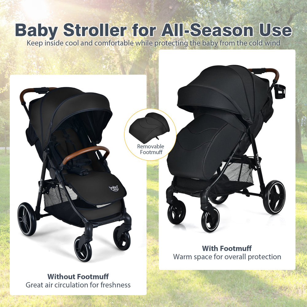 Lightweight black baby stroller with detachable foot cover, adjustable backrest, and 5-point safety harness for.