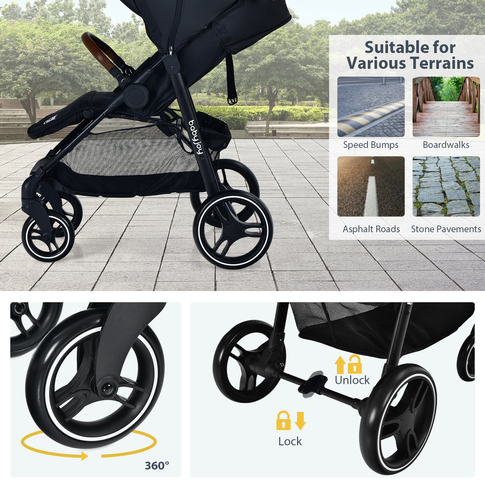 Lightweight black infant stroller with 5-point harness, adjustable backrest, and anti-shock front wheels for versatile.