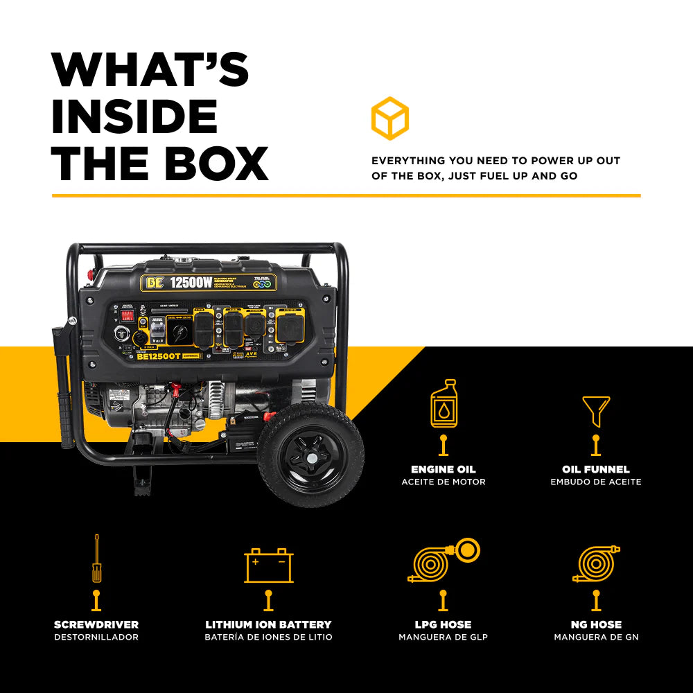 BE 9000W/12500W Generator Tri-Fuel Gas Propane Natural Gas Electric Start CO Detect 120/240V New