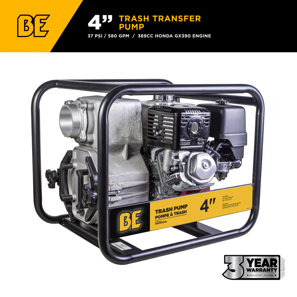 BE Trash Transfer Pump 4" 580 GPM with Honda GX390 Engine New