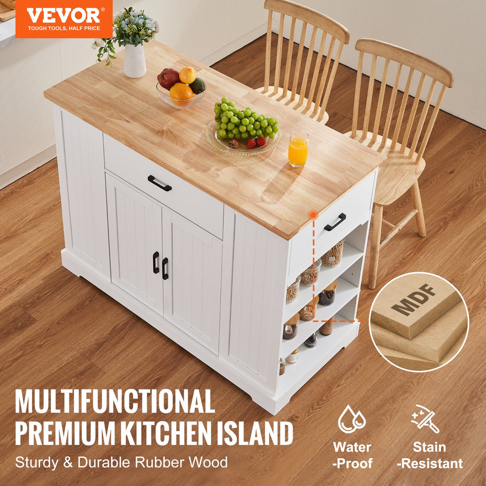 Vevor Kitchen Island Cart 46.1" Solid Rubberwood Top Breakfast Bar with 5 Adjustable Shelves and 3 Drawers White New