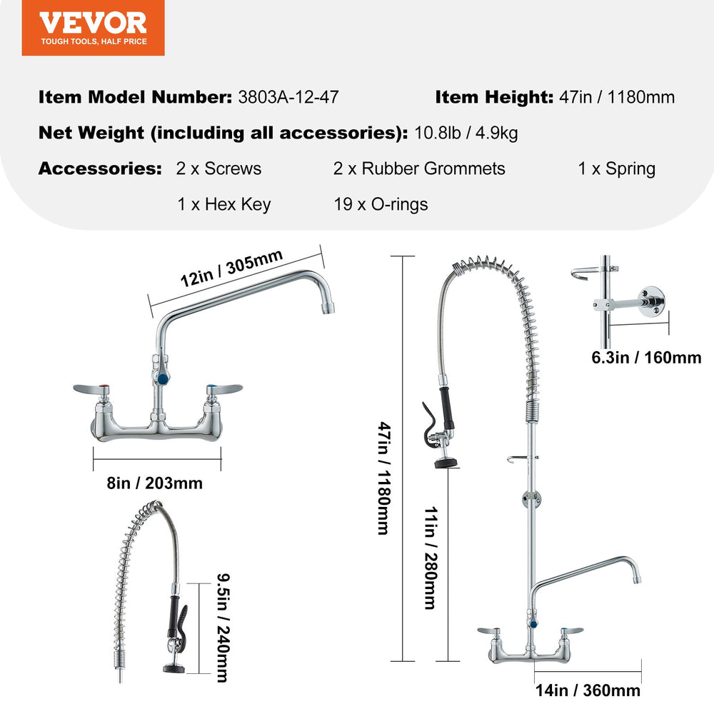 Vevor Pre Rinse Faucet 47" Commercial Wall Mount 12" Swing Spout 8" Center Pull Down Spray Head Brass New