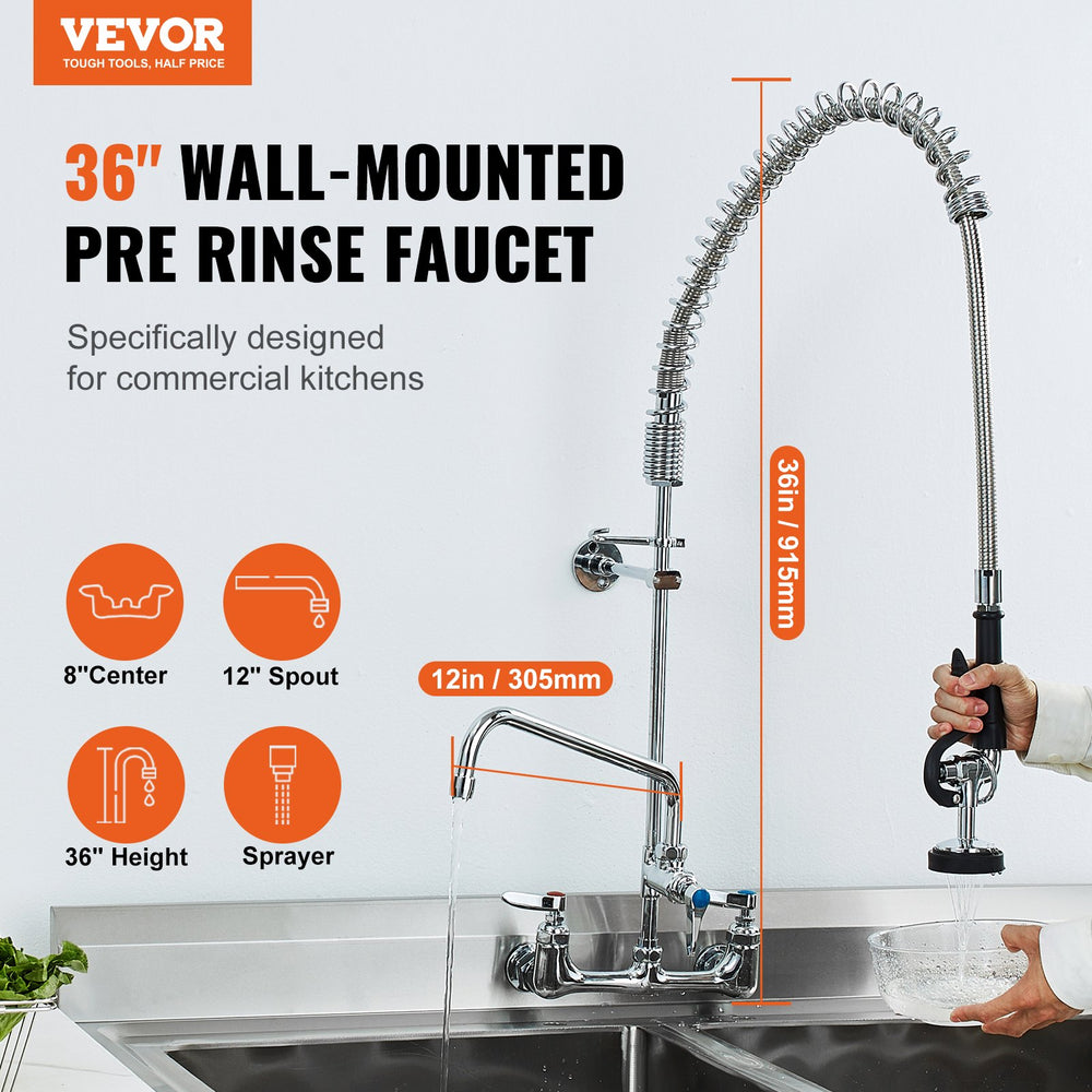 Vevor Pre Rinse Faucet 36" Commercial Wall Mount 12" Swing Spout 8" Center Pull Down Spray Head Brass New
