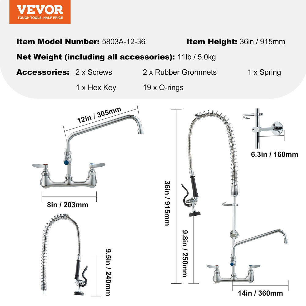 Vevor Pre Rinse Faucet 36" Commercial Wall Mount 12" Swing Spout 8" Center Pull Down Spray Head Brass New