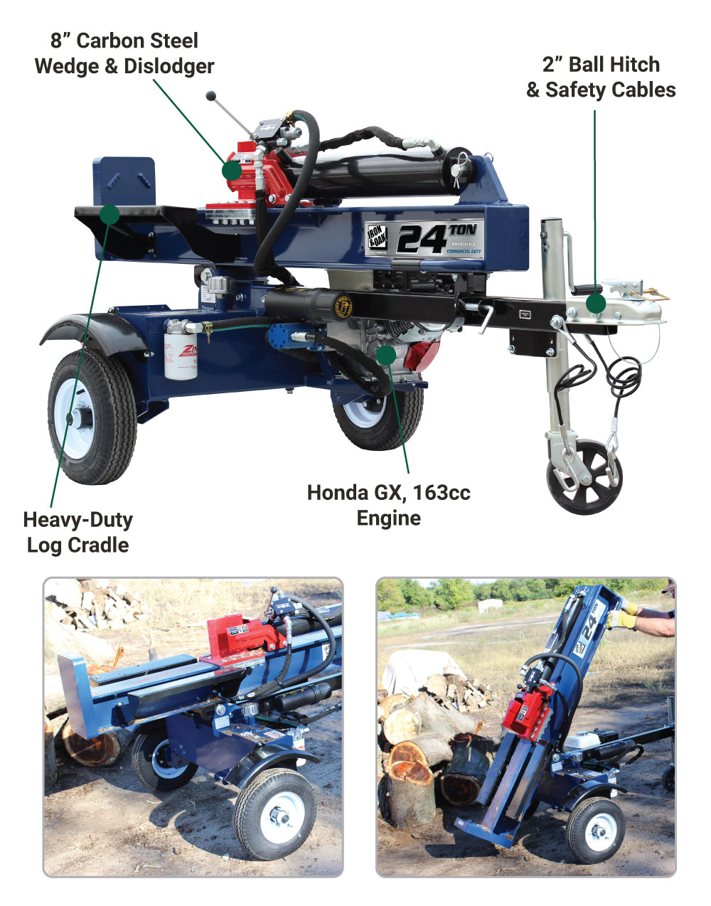 Iron and Oak Log Splitter 24-Ton Vertical/Horizontal Tow Behind Portable Gas with Honda GX160 Engine 163cc BHVH2418GX New