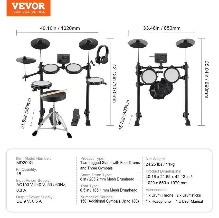 Vevor Electronic Drum Kit with 150 Sounds and Full Beginner Setup New