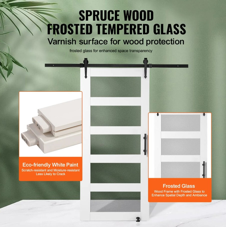 Vevor 42" x 84" Wood and Frosted Glass Barn Door Kit with Hardware New