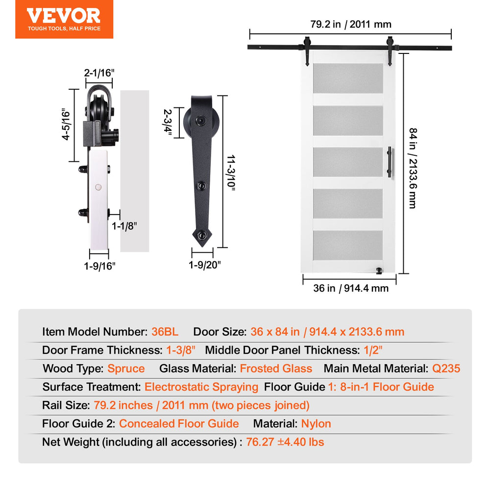 Vevor Barn Door and Hardware Kit 36" x 84" Smooth and Quiet Wood with Glass Panel Sliding Door Kit New