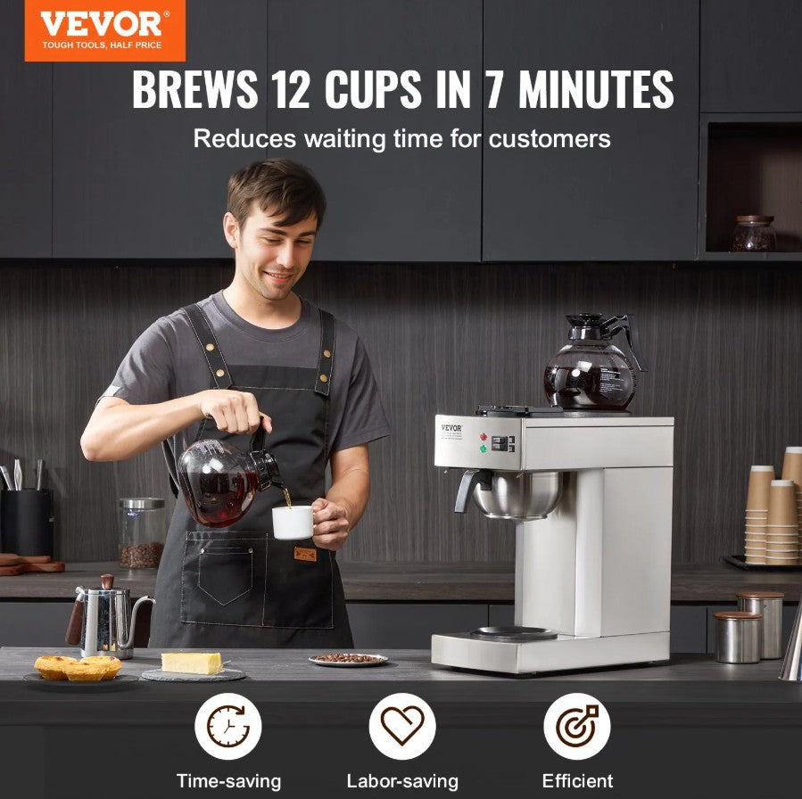 Vevor 12-Cup Commercial Drip Coffee Maker with 2 Warmers and Carafes New