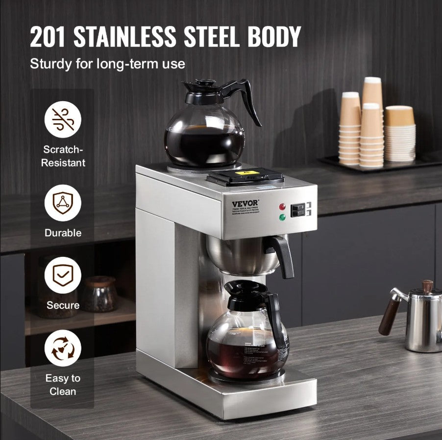 Vevor 12-Cup Commercial Drip Coffee Maker with 2 Warmers and Carafes New