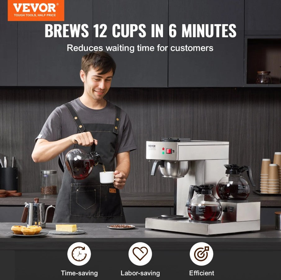 Vevor 12-Cup Commercial Drip Coffee Maker with 3 Glass Carafes and Warming Plates New