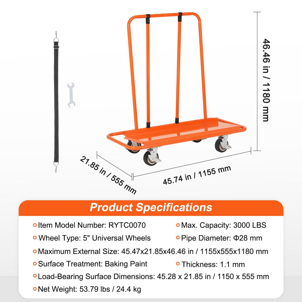 Vevor Drywall Cart Heavy-Duty Dolly with 45.2" x 21.8" Deck and 5" Swivel Wheels 3000 Lbs Capacity New