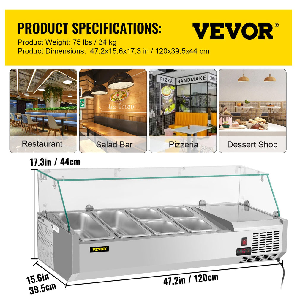 Vevor Refrigerated Condiment Prep Station 47.2" with Glass Shield 146W Stainless Steel 10.8 Qt New