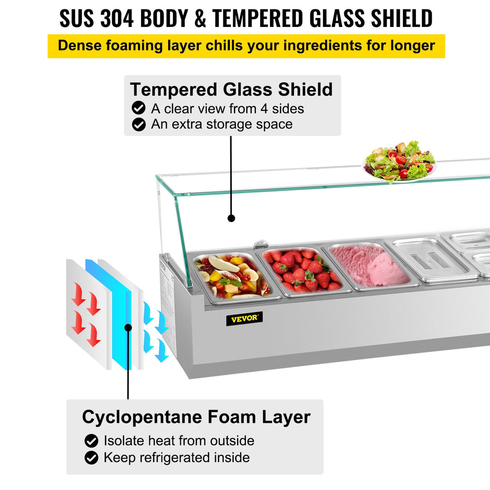 Vevor Refrigerated Condiment Prep Station 59" with Glass Shield 146W Stainless Steel 16.8 Qt New