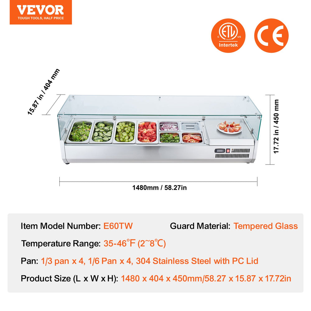 Vevor Refrigerated Condiment Prep Station 58.2" with Glass Guard 150W 4 1/3 and 4 1/6 Pans ETL Certified New