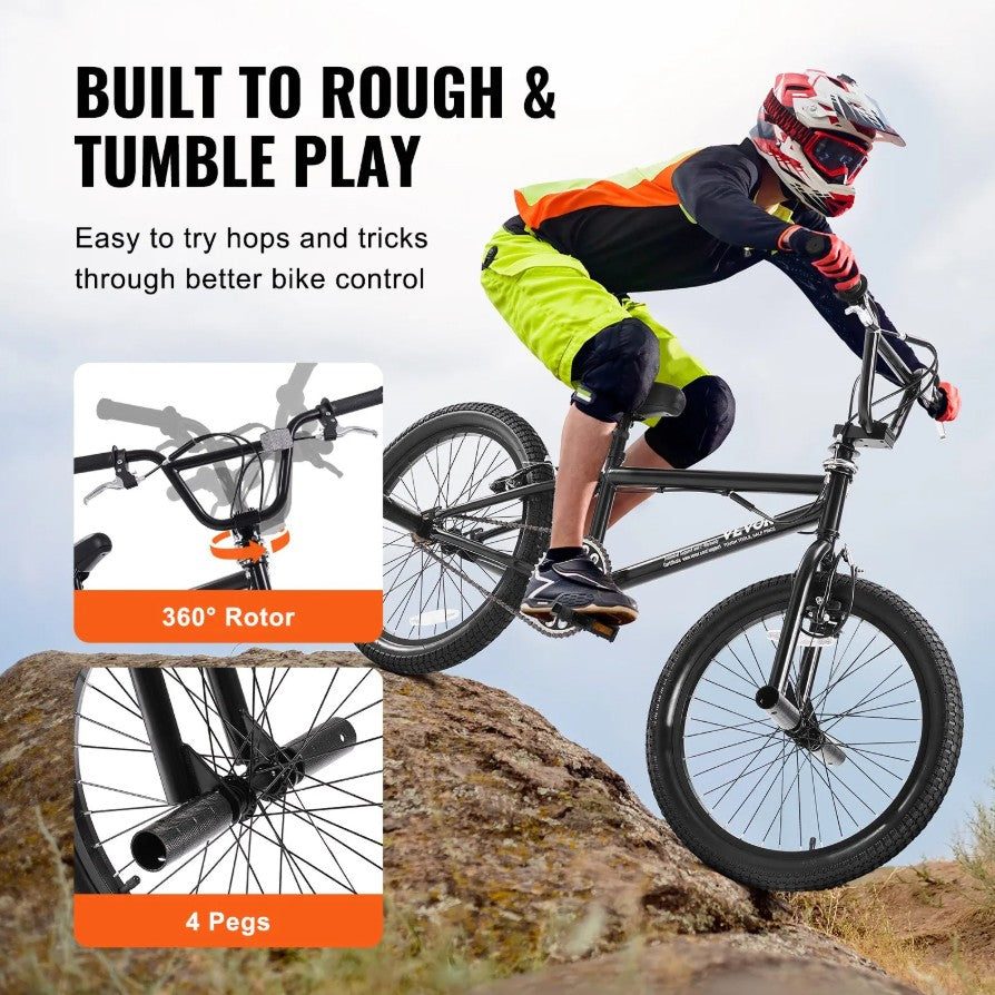 Vevor BMX Freestyle Bike 20" Hi-Ten Steel Frame 360° Rotor Pegs for Kids and Beginners New