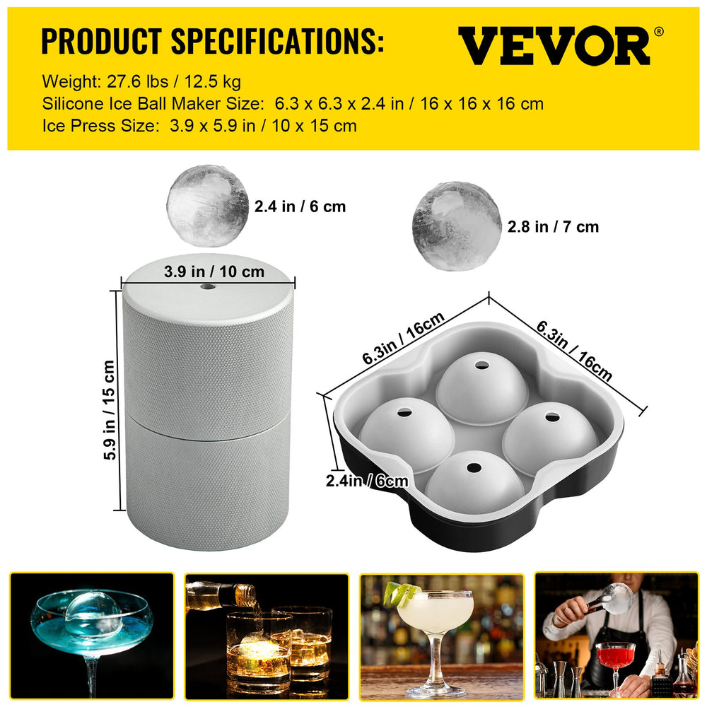 Vevor Ice Ball Press Kit Anodized 7075 Aluminum with Silicone Molds Large Mat and Whiskey Glass New